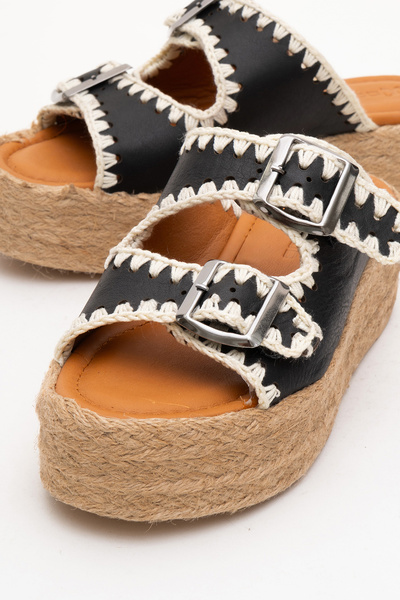 Dericlub Dericlub Women's Straw Thick Sole Double Banded Slippers Real Leather Zy 8090 Black