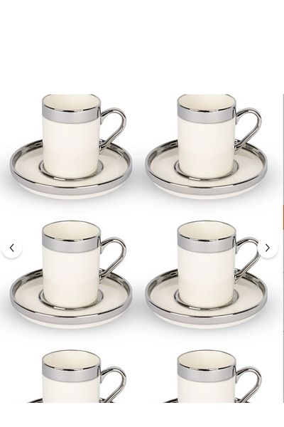 PONCİKPAZAR Silver Gilded Porcelain Cup Set for 6 People 12 Piece Turkish Coffee Set Coffee Cup 100 ml