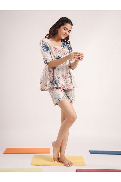 Sanskrutihomes By Styli Floral Printed Pure Cotton Top and Shorts Set