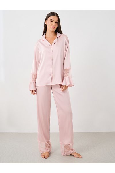 Styli Satin Lace Detail Shirt and Pyjama Set
