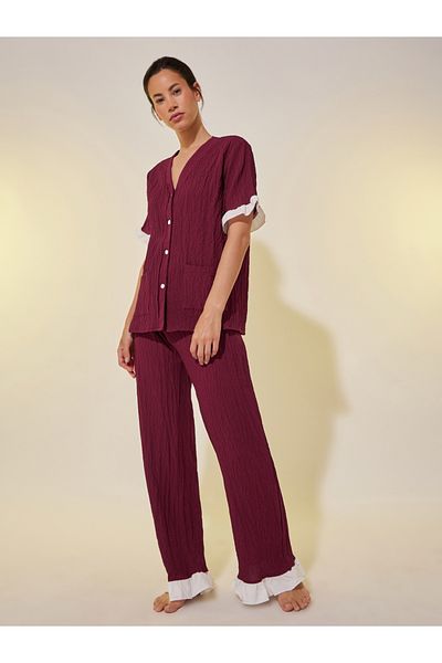 Styli Textured V-Neck Buttoned Shirt and Pyjama Set