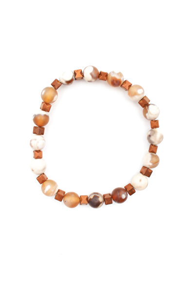 Bu Farklı Earth Tones Natural Agate Stone Bracelet - Cube Hematite Detailed - Women's Men's Bracelet