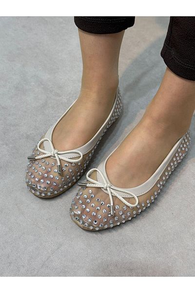 ERVANIN BUTİĞİ Beige Tulle (Ferry) Bow Stone Detail Round Toe Women's Ballerinas