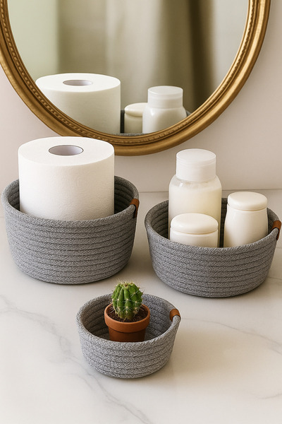 UPEKA 3 قطع من سلة Jutip المصنوعة يدويًا لتزيين المطبخ والمكياج باللون الرمادي