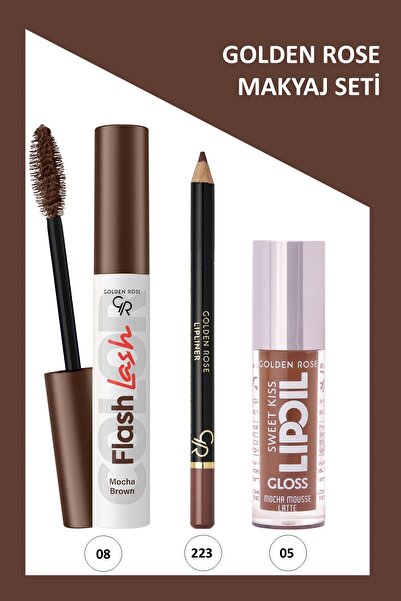 Golden Rose Flash Lash Renkli Maskara No:08 & Lipliner No:223 & Sweet Kiss Meyveli Dudak Parlatıcı No:05 Makyaj