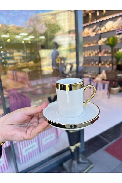 PONCİKPAZAR Gold Gilded 6-Person Porcelain Cup Set 12-Piece Turkish Coffee Set Coffee Cup 100 ml