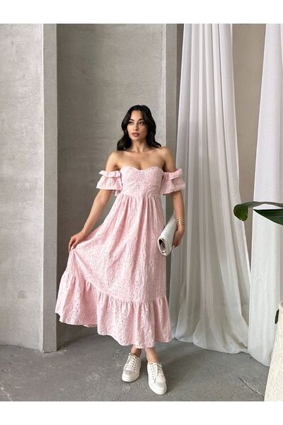 morita Gipe Detaylı Pembe Elbise