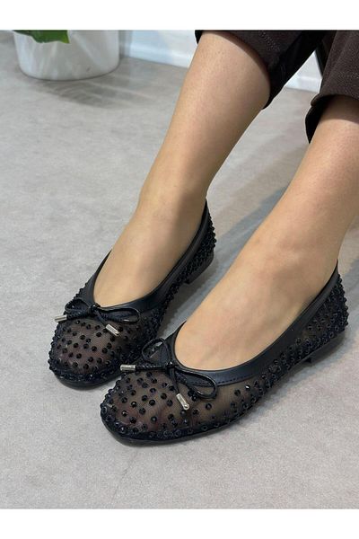 ERVANIN BUTİĞİ Black Tulle (Ferry) Bow Stone Detail Round Toe Women's Ballerinas
