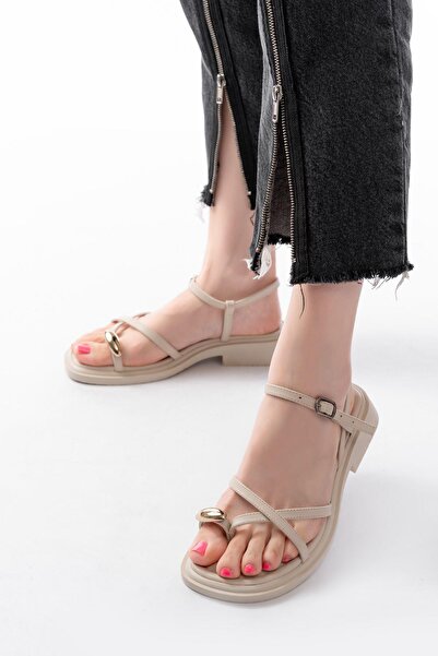 Aymood S-101 Μπεζ σαγιονάρες με πέτρινη λεπτομέρεια καθημερινά γυναικεία σανδάλια