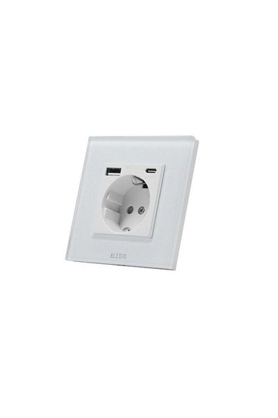 ALEDIO Priză simplă, standard german, 2P+T, 16A, cu USB tip A+C, 2.1A, ramă din sticlă, alb