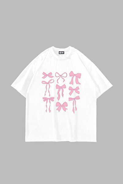 Bak Moda تيشيرت أبيض كبير الحجم مطبوع عليه فيونكة لطيفة للجنسين