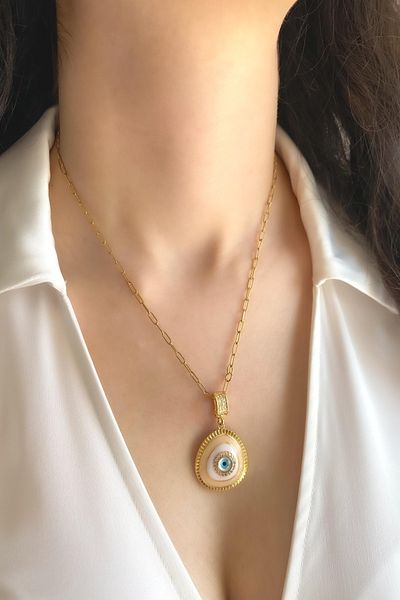 DEMOKAN Women's Steel Necklace Ellipse Chain Enameled Detail Evil Eye Bead Necklace