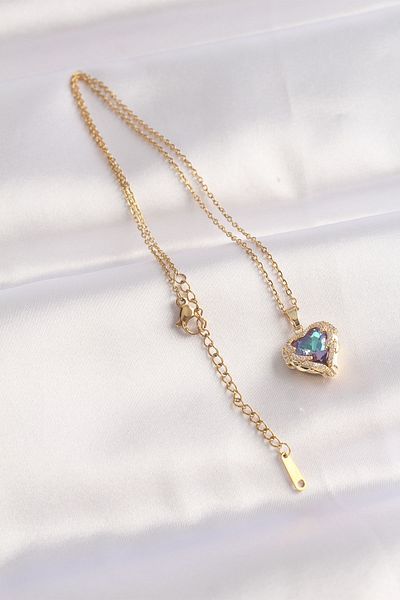Skygo 316L Steel Chain Gold Color Zircon Stone Blue Purple Color Heart Figure Necklace - Tj-Bko8685