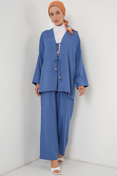 Merterium Women's Linen Kimono Trousers Double Set 1003 - Indigo