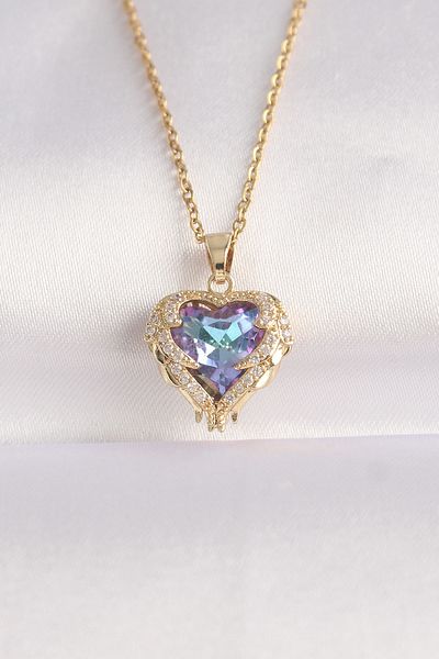 Skygo 316L Steel Chain Gold Color Zircon Stone Blue Purple Color Heart Figure Necklace - Tj-Bko8685