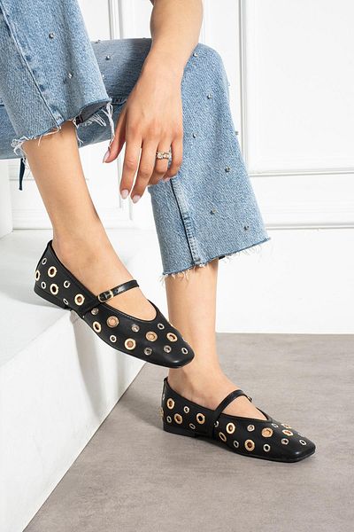 ShoeTek Ekster Women's Ballerina Flat Front Strap Ring Pin Stone Black Leather