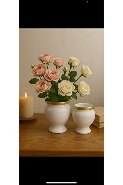 Rood Wit Minimal Seramik Dekoratif Vazo 2'li Set Beyaz