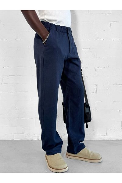 ablukaonline Men's Seersucker Regular Fit Trousers Navy Blue