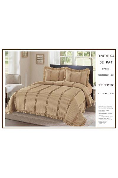FIONNA.RO 3-Piece Plain Quilt With Ruffles Quilted Cotton - Beige