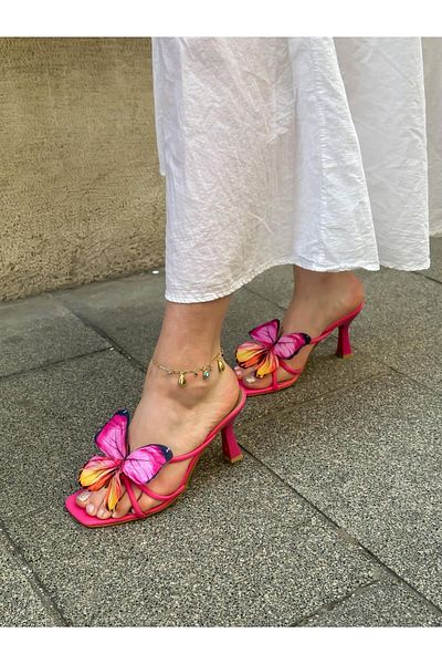 ERVANIN BUTİĞİ Fuchsia Skin (Butter) Fuchsia Butterfly Heeled Women's Slippers