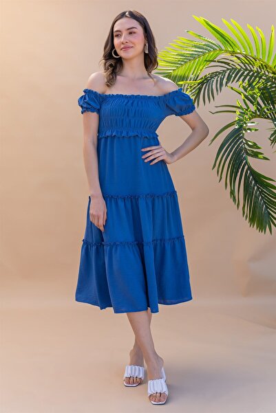 HARMONY GLOBAL Rochie de lungime midi cu guler pătrat cu detaliu de șnur albastru în straturi – cu volane, mâneci balon, casual de vară 5910