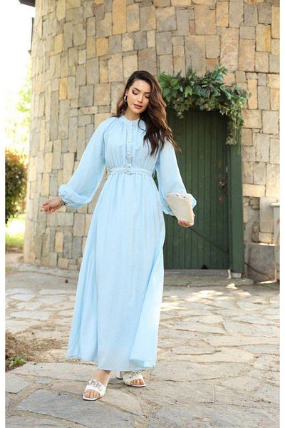 Dadali Belted Balloon Sleeve Dress Baby Blue
