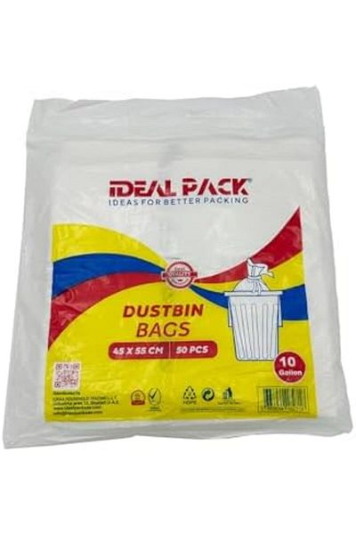 Ideal Pack White Dust Bin Bags – 10 Gallon | 45 x 55 cm | 50 Pieces | Strong, Leak-Proof Trash Bag