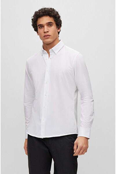 BOSS Erkek Marka Logolu Düğmeli Gömlek Yaka Uzun Kollu Mavi Gömlek 50469378-100