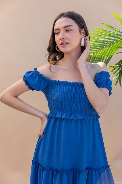 HARMONY GLOBAL Square Neck Gathered Detail Blue Layered Midi Dress – Ruffled, Balloon Sleeves, Summer Casual 5910