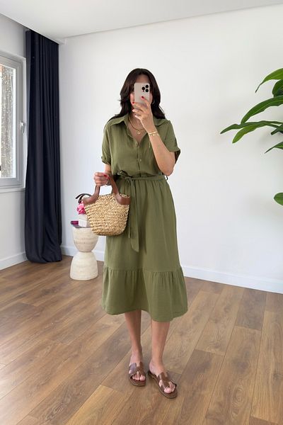 BİRCANÇİL Alia Khaki Belted Lined Midi Dress