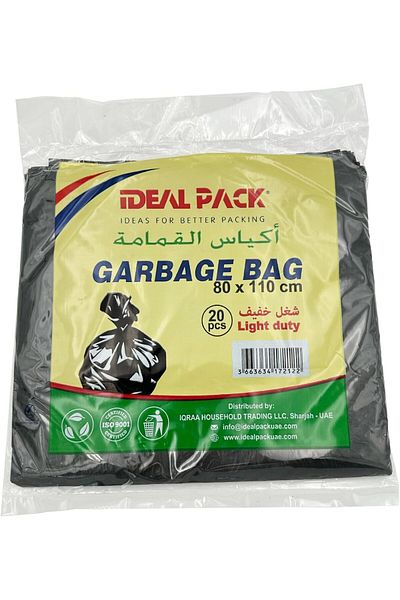 Ideal Pack Black Garbage Bags – 80 x 110 cm | 20 Pieces | Light Duty Trash Bags for Home, Office &