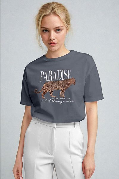 Millionaire Women's Smoked Paradise Leopard Women's Short Sleeve Relax Fit Relaxed Cut Regular T-Shirt
