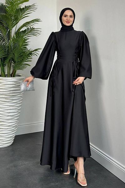 ONE WAY FASHION Elegant satin dress with unique sleeve details and a feminine, sophisticated belt.