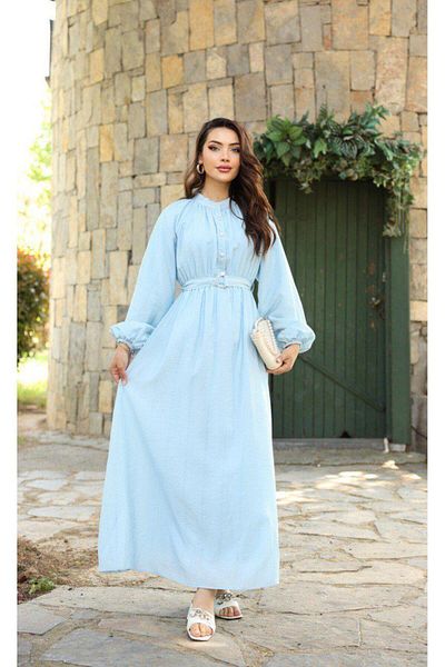 Dadali Belted Balloon Sleeve Dress Baby Blue