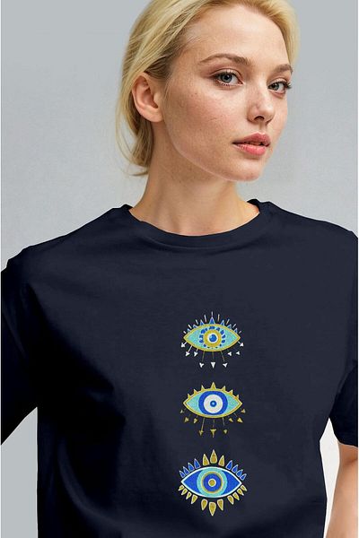 Millionaire Women's Navy Blue Regular Evil Eye Eye Print Fit Regular Fit T-Shirt