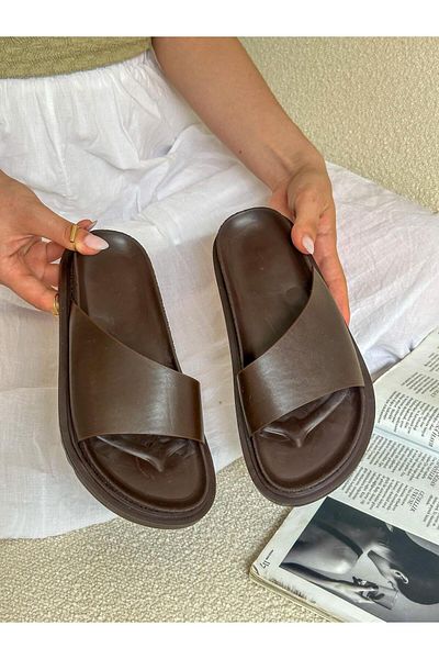ERVANIN BUTİĞİ Brown Skin (Oliva) Women's Slippers