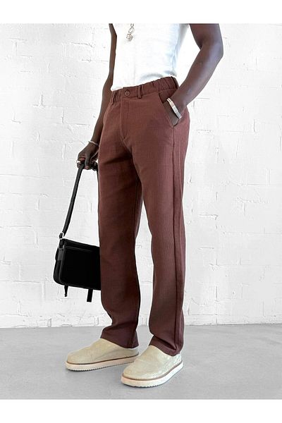 ablukaonline Men's Seersucker Fabric Regular Fit Trousers Brown