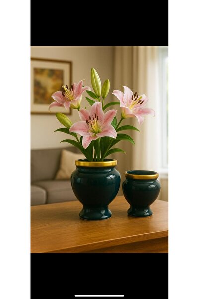 Rood Wit Minimal Seramik Dekoratif Vazo 2'li Set Yeşil