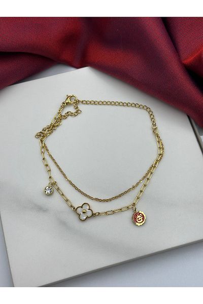 Lumiera Gold Clover and Single Stone Double Row Anklet