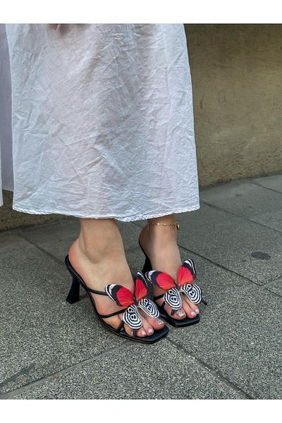 ERVANIN BUTİĞİ Black Skin (Butter) White Red Butterfly Heeled Women's Slippers