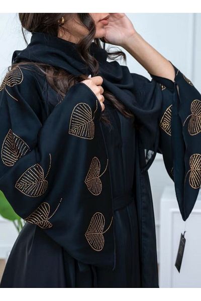 al bent al sharqieh Belted Detailed Black Abaya with shawlعباية مع حزام على الخسر وشال