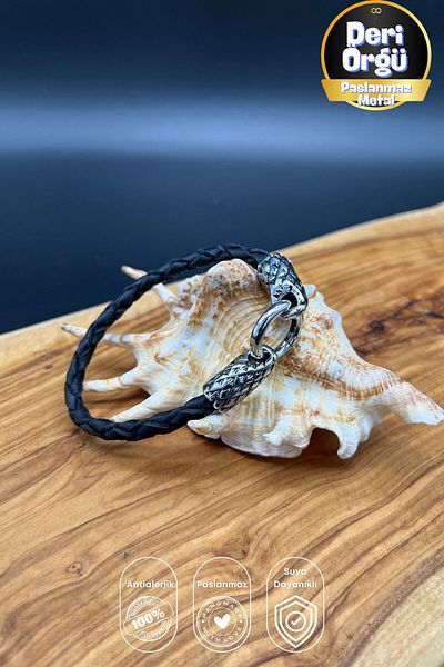 Balzamin Design Men's Leather Braided Bracelet – Stainless Steel Hook Design Bracelet