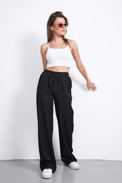 Gülmude High Waist Elastic Wide Leg Casual Fabric Trousers