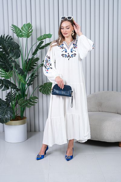 EL jadida Women's Embroidered Plus Size Long Viscose Dress White