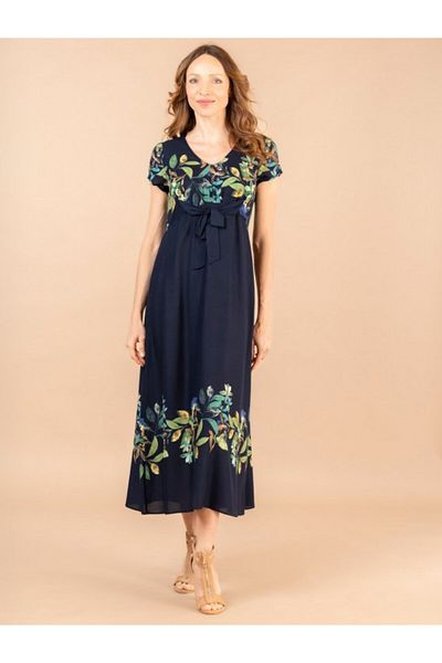 Kübra Tekstil Women's V Neck Belted Floral Print Short Sleeve Summer Midi Dress