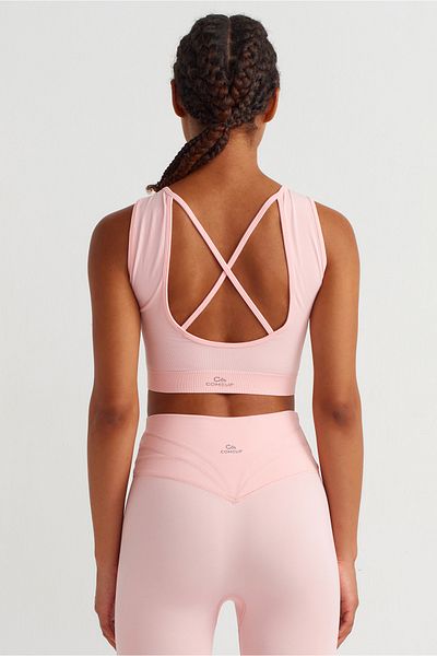 COMEUP Rib Textured Back Cross Crop Top with Chest Pad British Pink