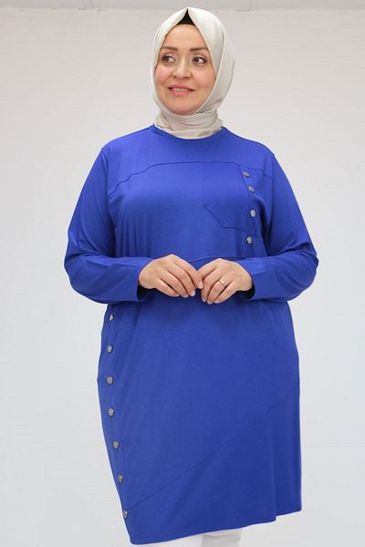 Eslina 58045 Large Size Combed Cotton Tunic with Fastening Button Detail - Indigo