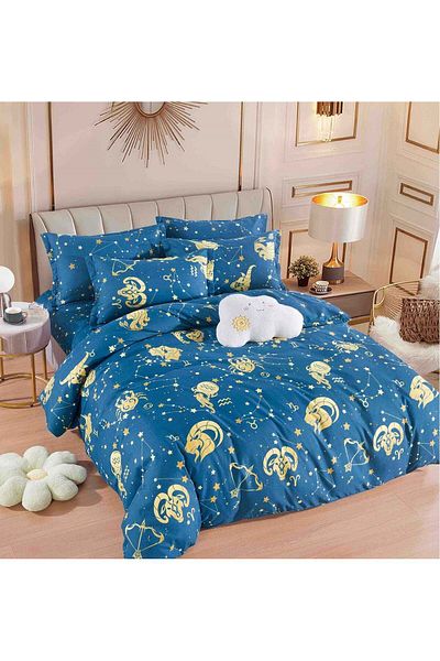 trendyhome Double Bed Linen with Elastic, Finet, 6 Pieces, Constellation, Blue/Gold, J14838-ELASTIC