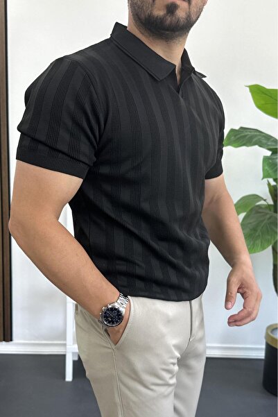 Edwox Ανδρικό μπλουζάκι με μοτίβο με ανοιχτό γιακά μαύρο Edw385