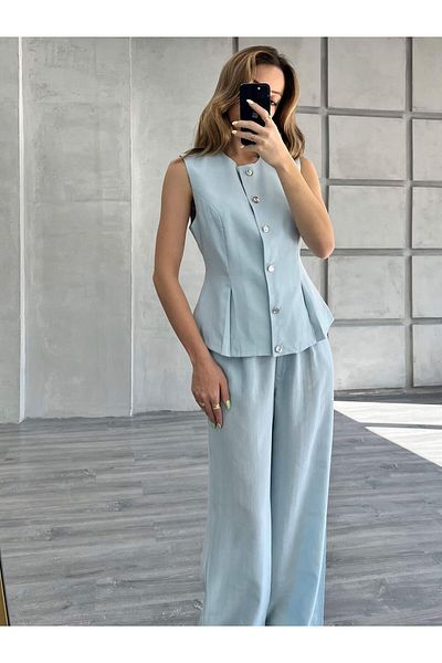 Coral Vest Trousers Suit Blue